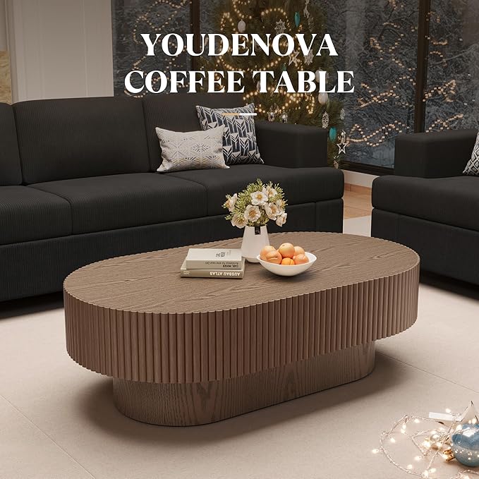 YOUDENOVA 43.7” Oval Coffee Table, Modern Wood Fluted Coffee Table for Living Room, Veneer Handcrafted Relief Center Table with Sturdy Pedestal，Easy Assembly - Walnut