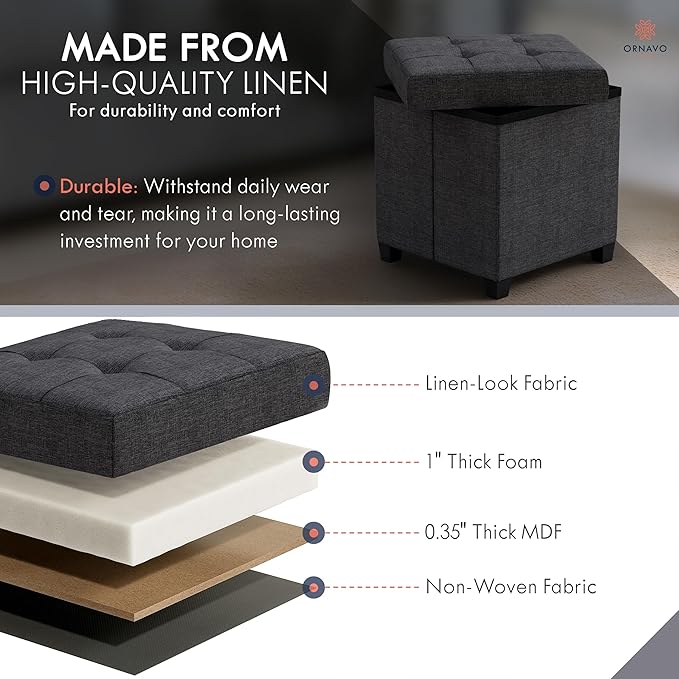 Ornavo Home Storage Ottoman with Legs, Square Cube Foot Rest Stool Seat, for Living Room, Bedroom, Home Office, Dorm - 15 x 15 x 15, Black