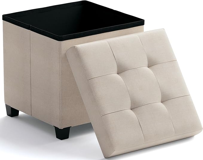 Ornavo Home Storage Ottoman with Legs, Square Cube Foot Rest Stool Seat, for Living Room, Bedroom, Home Office, Dorm - 15 x 15 x 15, Beige