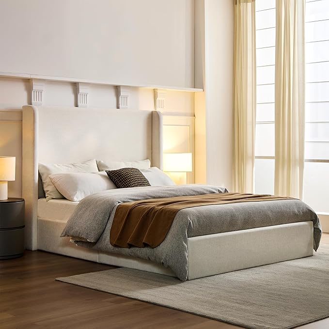 Queen Size Upholstered Platform Bed Frame, 54" High Headboard Carmen Wingback Bed, Fully Upholstered Mattress Foundation, No Box Spring Needed No Noise, Minimalist, Textured Ivory