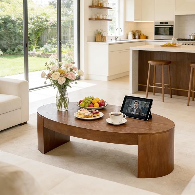 42.24” Modern Oval Coffee Table, MDF Center Table, Conference Table, Minimalist Accent Dinning Coffee Table for Living Room, Apartment,Office,Courtyard,No Assembly.(Walnut)