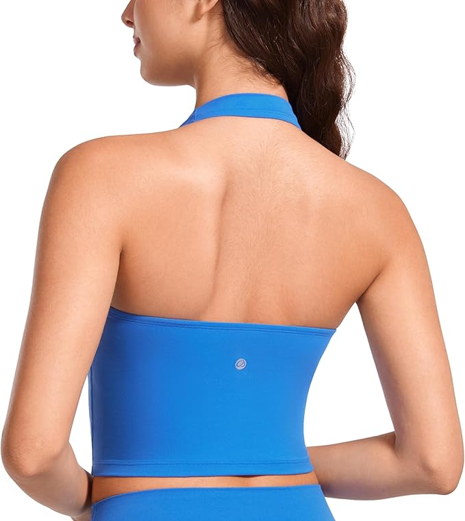 CRZ YOGA Butterluxe Halter Crop Tank Tops for Women - Open Back Padded Longline Sports Bras Workout Gym