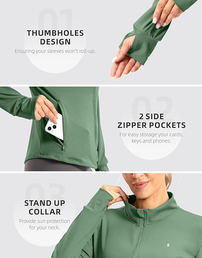 Soothfeel Women's UPF 50+ Lightweight Athletic Jackets Sun Protection Zip Up Long Sleeve Shirts Hiking Workout Outdoor Pocket