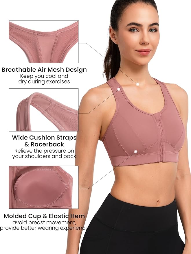 Yvette Zip Front Sports Bra - High Impact Sports Bras for Women Plus Size Workout Fitness Running