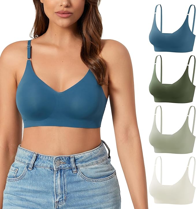 DEANGELMON V Neck Bra Padded Seamless Adjustable Straps Bralettes Everyday Basic Sleeping Bras Multiple Pack