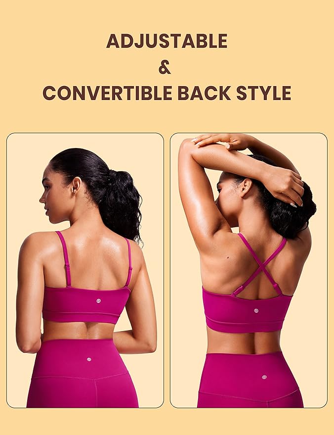 CRZ YOGA Butterluxe Womens Adjustable Spaghetti Thin Strap Sports Bra - Padded Wireless Square Neck Workout Yoga Clothes