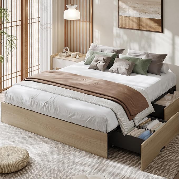 GarveeHome Full Size Wood Platform Bed Frame with 2 Storage Drawers, Wooden Bed Frame Without Headboard, Wood Slat Support, No Box Spring Needed, Easy Assembly