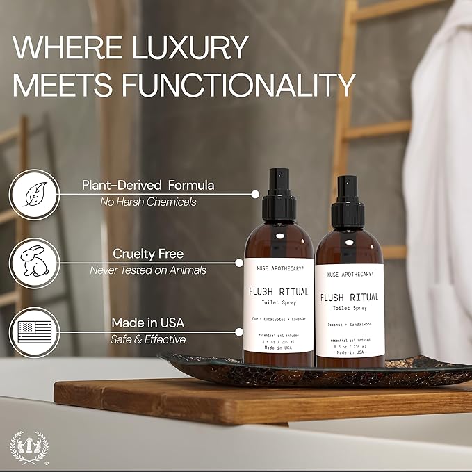 Muse Apothecary Flush Ritual - Aromatic & Refreshing Toilet Spray, Use Before You Go, 8 oz, Infused with Natural Essential Oils - Coconut + Sandalwood