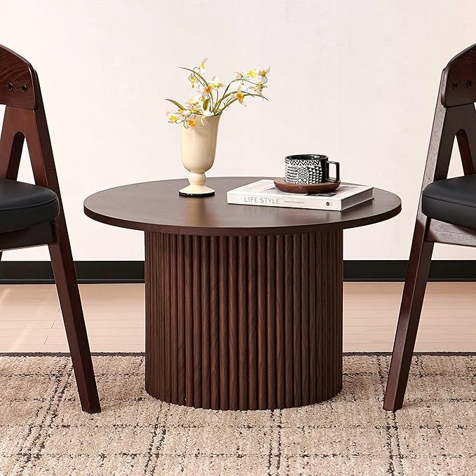 NORDICANA Single Accent Round Coffee Table, 27.5 Inch Wide 16.7 Inch Tall Walnut Color Farmhouse Center Table for Living Room, Manufactured Wood Top with Walnut Veneer