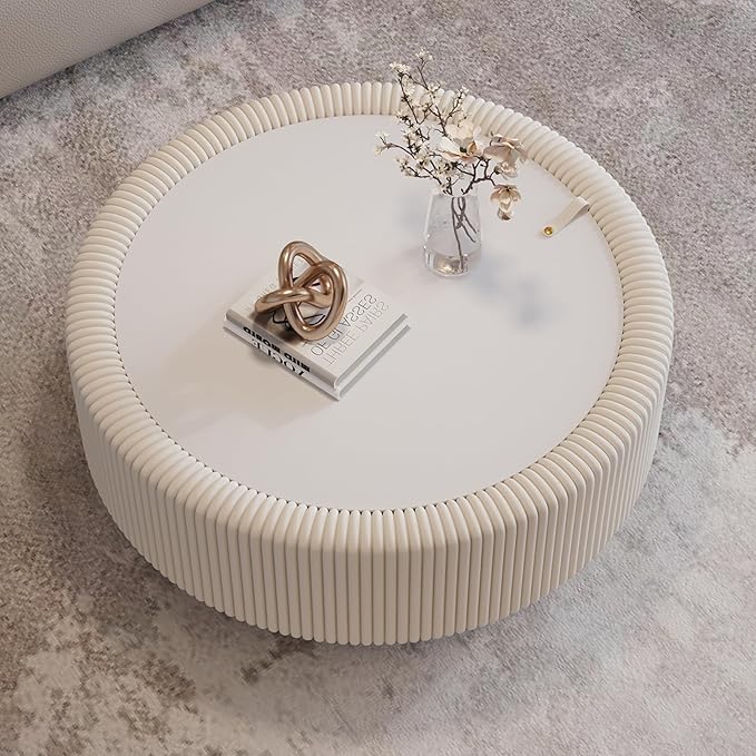 31.5" White Round Coffee Table with Storage, Tempered Glass Top PU Leather Body & Baked Enamel Base, Modern Minimalist Fluted Circle Center Tables for or Living Room, Bedroom, Apartment