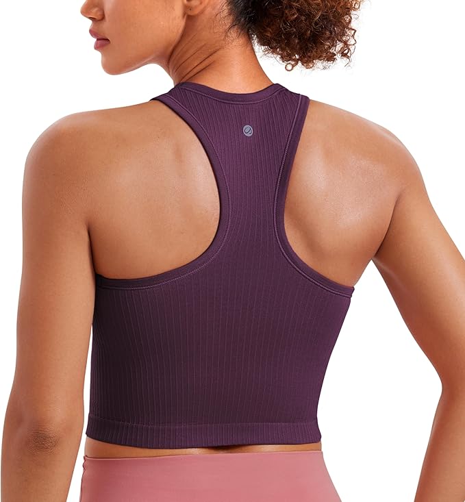 CRZ YOGA Seamless Ribbed High Neck Crop Tank Tops for Women - Longline Racerback Padded Sports Bras