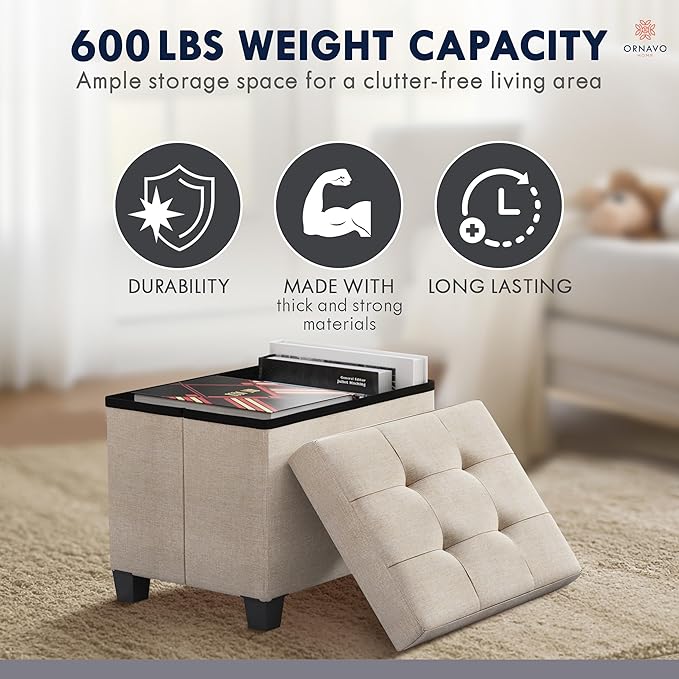 Ornavo Home Storage Ottoman Small Rectangle Ottoman with Legs, Foot Rest Stool Seat, Load up to 600 LB, for Living Room, Bedroom, Home Office, Dorm - 12 x 16 x 12, Beige