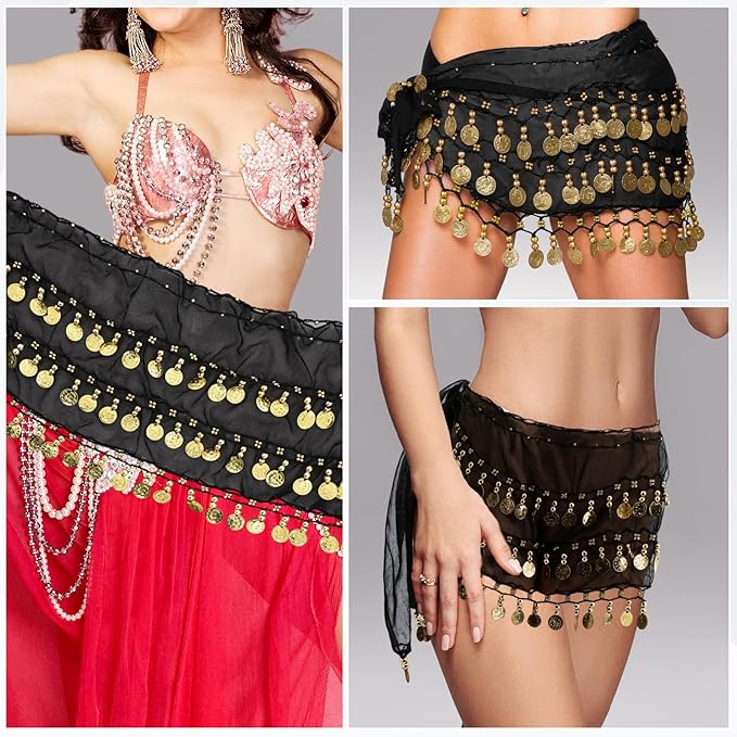 Belly Dance Hip Scarf Belly Dance Skirt 3-Layer Gold Sequins and Coins, Suitable for Yoga, Belly Dance, Performance