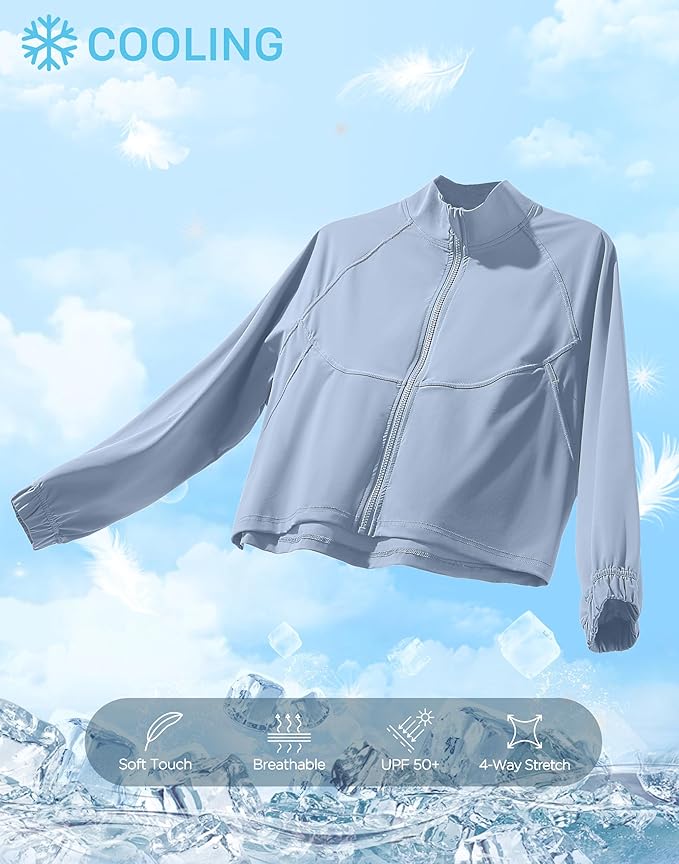 Soothfeel Women's Athletic workout Jacket Lightweight UPF 50+ Long Sleeve Sun Protection Shirts Zip Up Cropped Hiking Tops