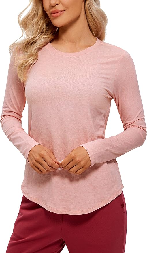 CRZ YOGA Pima Cotton Crewneck Long Sleeve Shirts for Women - Workout Athletic Yoga Casual Tops Soft Plain T-Shirt