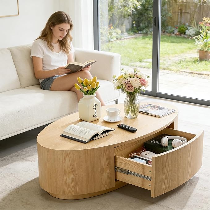 47.24” Wood Coffee Table with Storage MDF Center Table with Drawer Side Table Dinning Table for Living Room, Apartment, Office. (Natural)