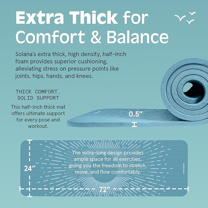 Retrospec Solana Yoga Mat Thick 1/2in Non-Slip Workout Mat with Nylon Strap - 72x24in Exercise Mat for Pilates, Stretching & Fitness - BPA Free, Easy Clean