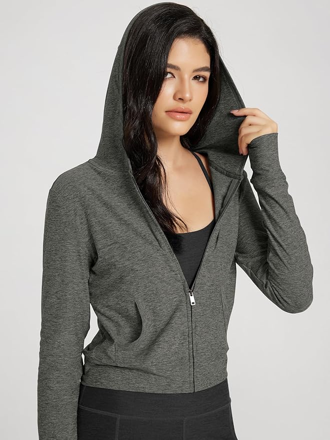 ODODOS Women's Full-Zip Cropped Hoodie - odSTRATUM Tech Ultra Soft UPF 50+ Hooded Jacket with Pockets