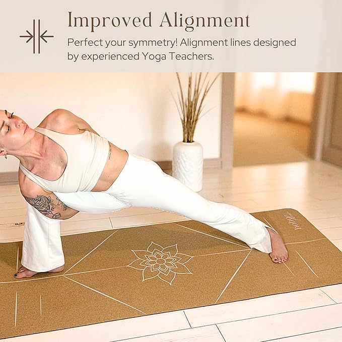 Premium Cork Yoga Mat Large 72"x26" – 5mm Thick Natural Rubber Cushioning - Non Slip Grip for Hot Yoga - Non-toxic & Odor-free - Stylish Alignment Lines & Elegant Boho Yoga Bag