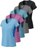 Real Essentials 5 Pack: Women's Dry-Fit Short Sleeve V Neck T Shirt Workout Fitness Yoga Top Tee (Available in Plus Size)