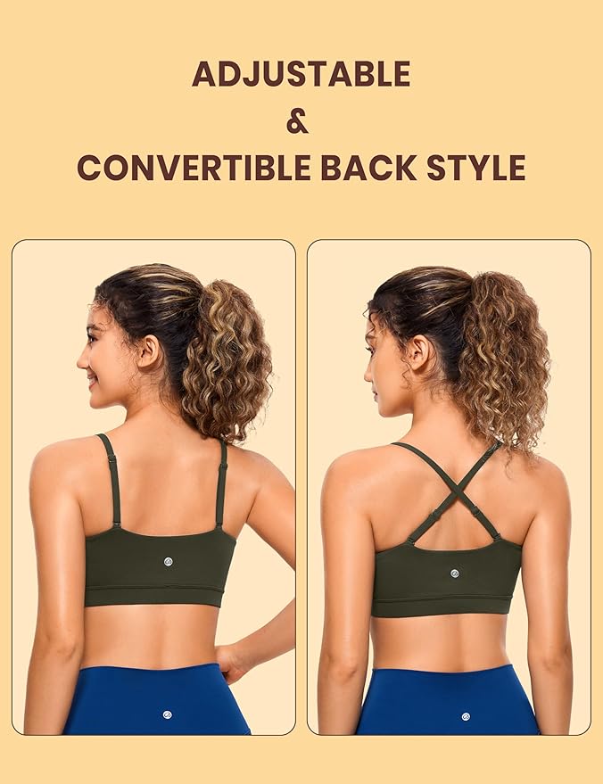 CRZ YOGA Butterluxe Womens Adjustable Spaghetti Thin Strap Sports Bra - Padded Wireless Square Neck Workout Yoga Clothes