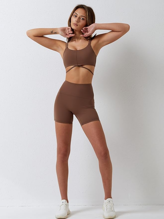 ABOCIW Workout Sets for Women 2 Piece Twist Front Halter Sports Bras High Waist Biker Shorts Exercise Gym Yoga Outfit