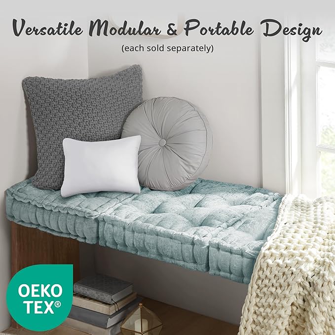 Intelligent Design Azza Floor Pillow, Large Cushions Sitting for Adults, Floor Pillow for Meditation or Yoga, Lustrous Chenille Tufted with Scalloped Edges for Bench/Chair Cushion, 20"x20"x5" Aqua