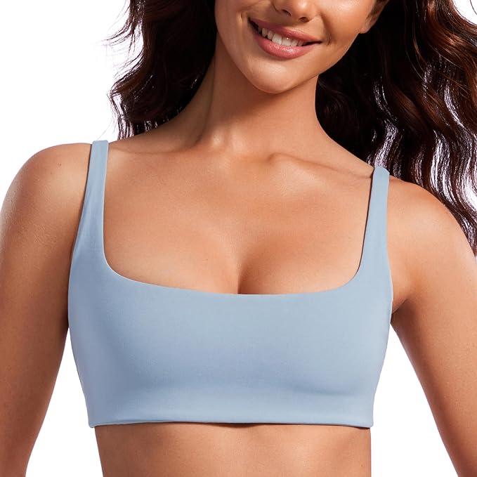 CRZ YOGA Butterluxe Square Neck Spaghetti Strap Sports Bras for Women - Low Coverage Yoga Wireless Padded Cami Crop Top