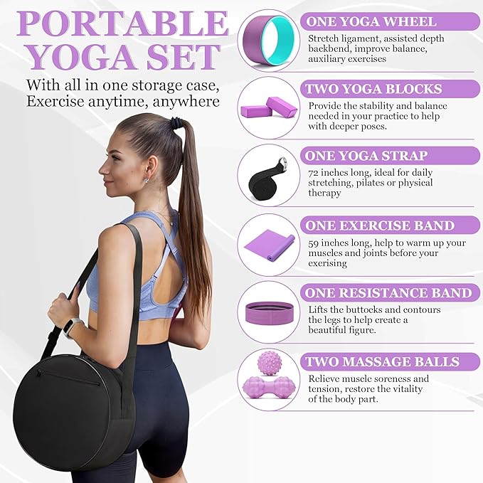All in One Yoga Wheel Set, Soft Foam Roller Wheel for Back Pain & Stretching, Yoga Blocks 2 Pack with Strap, Trigger Point Therapy Massage Ball for Deep Tissue, Yoga Starter Kit for Beginner