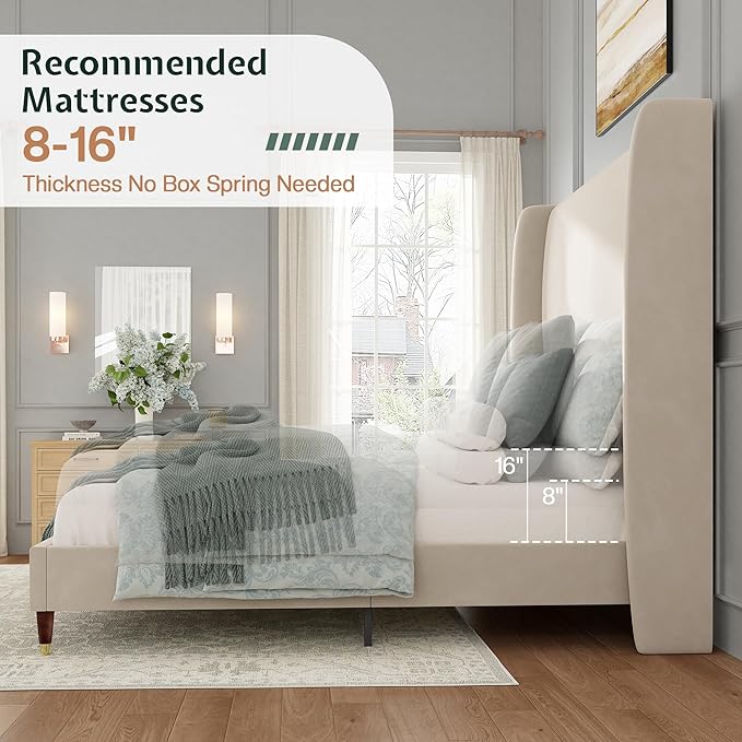 Jocisland Queen Size Bed Frame 51.2" Wingback Headboard Velvet Upholstered Platform Bed with Solid Wood Legs & Wooden Slats, No Box Spring Needed, Modern Minimalist Style, Easy Assembly, Off-White