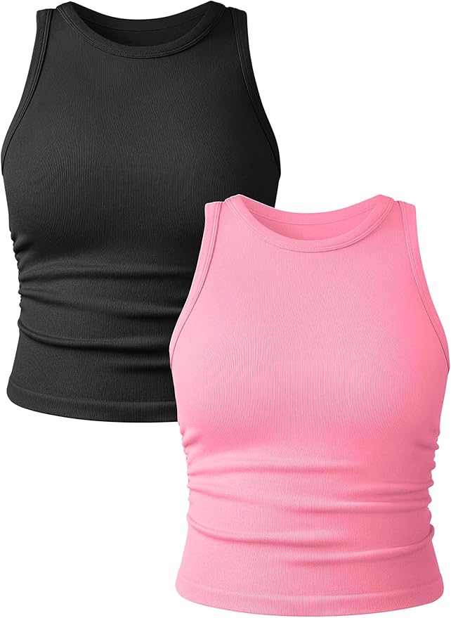 YIOIOIO Women's 2 Pieces Basic Seamless Tank Tops Sleeveless Crew Neck Workout Exercise Crop Camis