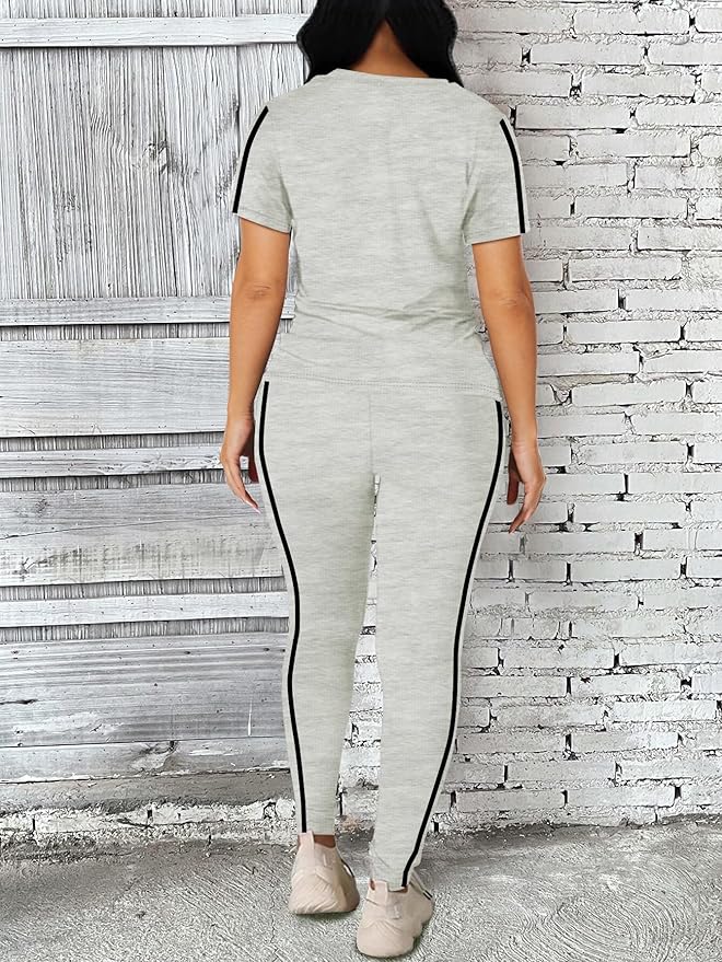 Women's 2 Piece Outfits Sweatsuit Summer Workout Striped Short Sleeve Long Sweatpants Casual Jogging Lounge Set