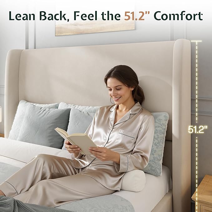 Jocisland Queen Size Bed Frame 51.2" Wingback Headboard Velvet Upholstered Platform Bed with Solid Wood Legs & Wooden Slats, No Box Spring Needed, Modern Minimalist Style, Easy Assembly, Off-White