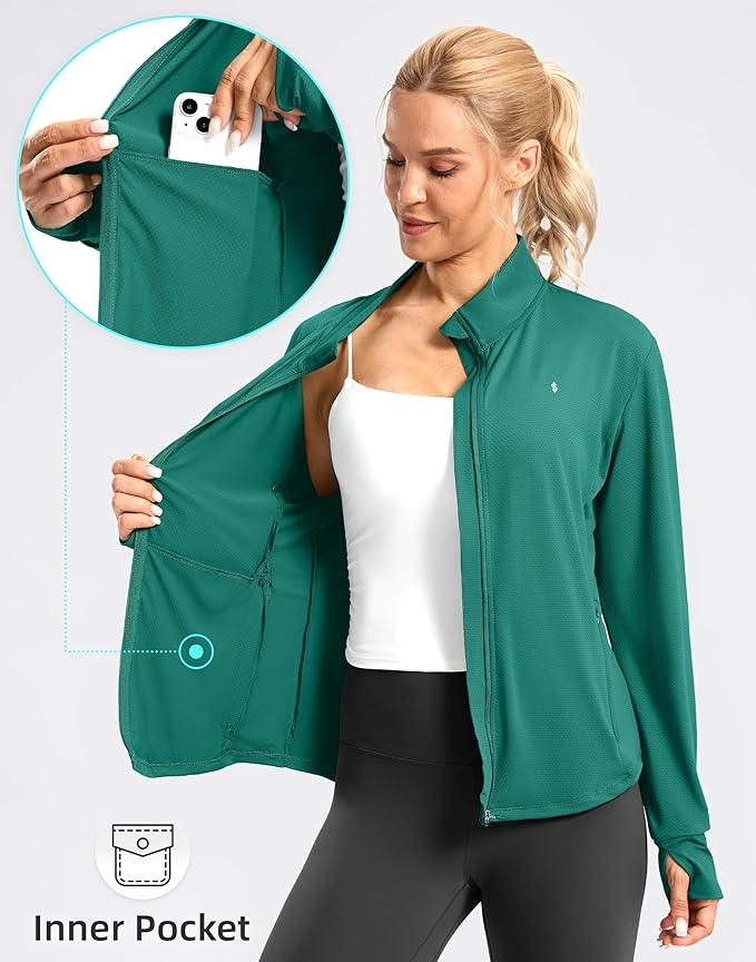 Soothfeel Women's UPF 50+ Lightweight Athletic Jackets Sun Protection Zip Up Long Sleeve Shirts Hiking Workout Outdoor Pocket