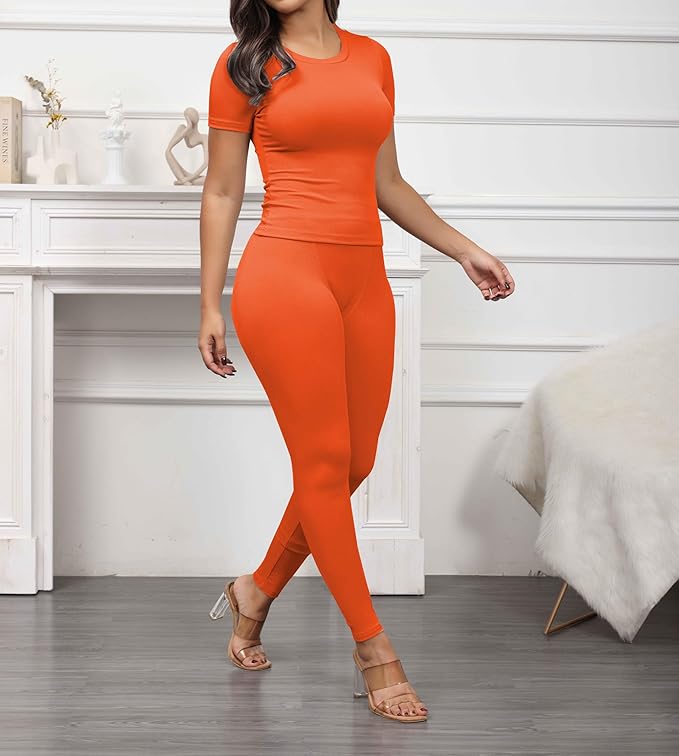 PINSV 2 Piece Sets for Women Summer Casual Jogger Workout Outfits Fitted Crew Neck T-shirt High Waist Legging Sets