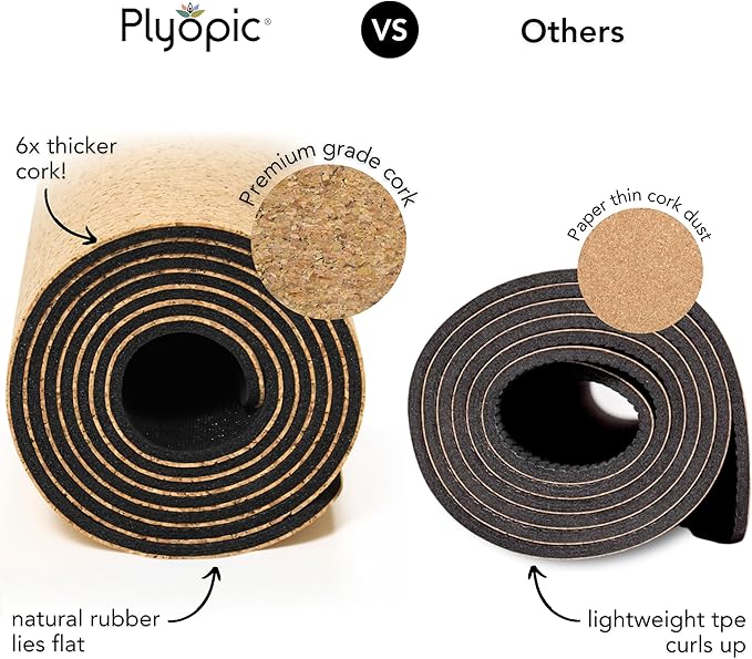 Plyopic Ultimate Cork Yoga Mat – Non-Slip Ultra-Premium Cork | Thicker, Longer & Wider for Extra Comfort | 100% Natural Grip & Eco Friendly | Optional Alignment Lines | For Yoga, Bikram & Hot Yoga
