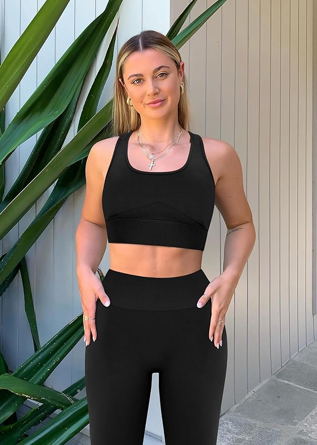 OLCHEE Womens Workout Sets 2 Piece - Acid Wash Seamless Yoga Outfits High Waist Leggings Padded Racerback Sports Bra Gym Set