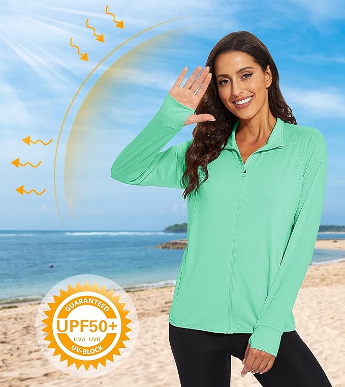 MAGCOMSEN Women's UPF 50+ Lightweight Athletic Jacket Sun Protection Full Zip Long Sleeve Shirts Hiking Outdoor Pockets