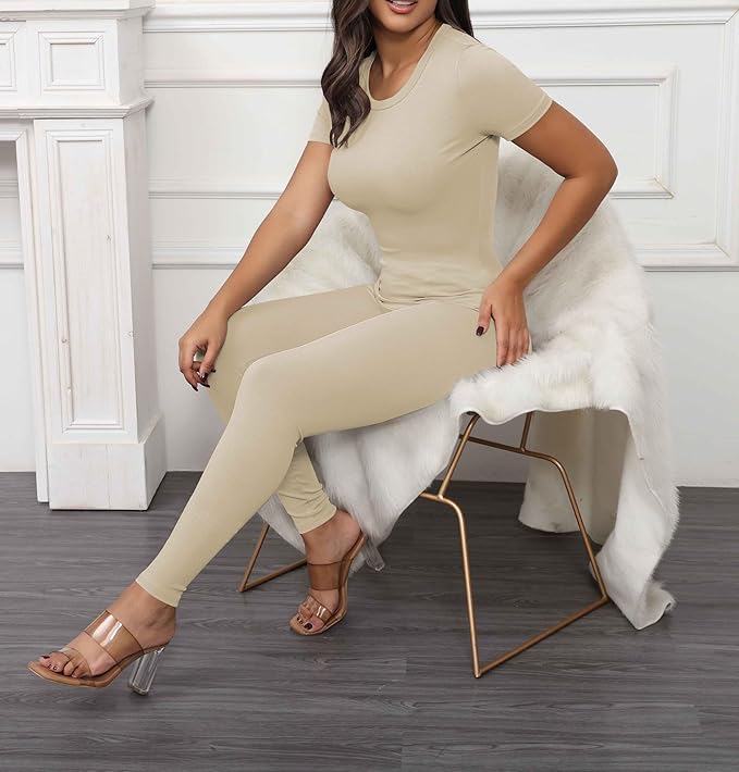 PINSV 2 Piece Sets for Women Summer Casual Jogger Workout Outfits Fitted Crew Neck T-shirt High Waist Legging Sets