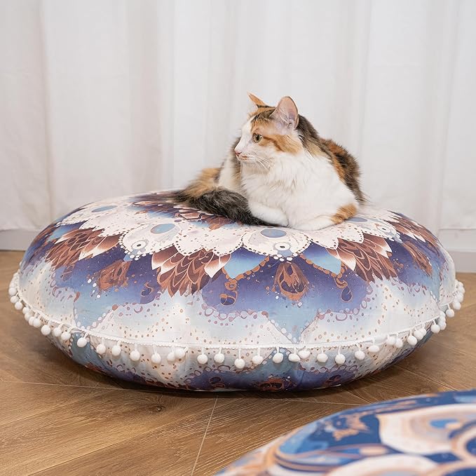 Meditation Cushion 32 Inch Round, Extra Thick Memory Foam Floor Pillow with Removable Washable Cover, Bohemian Mandala Yoga Cushion for Adults - Ideal Gift & Holiday Decor, Azure