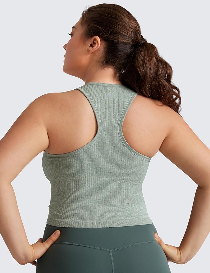 CRZ YOGA Seamless Ribbed High Neck Crop Tank Tops for Women - Longline Racerback Padded Sports Bras