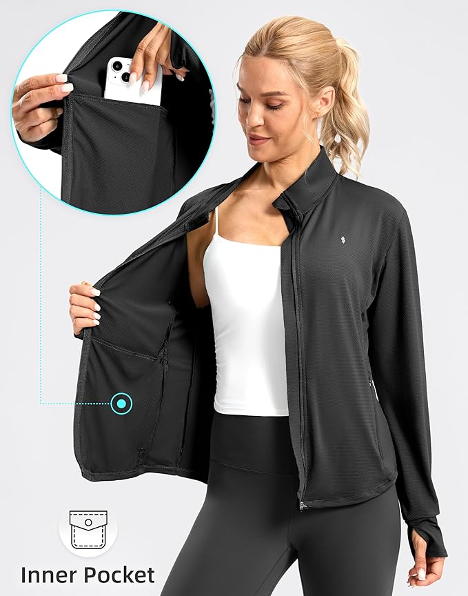 Soothfeel Women's UPF 50+ Lightweight Athletic Jackets Sun Protection Zip Up Long Sleeve Shirts Hiking Workout Outdoor Pocket