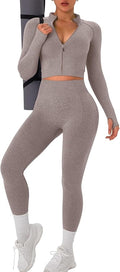 OLCHEE Womens Workout Sets 2 Piece Seamless Yoga Outfits Long Sleeve Zipper Jacket High Waist Leggings Butt Lifting Gym Set