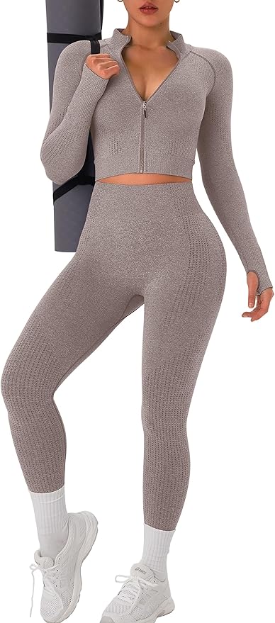 OLCHEE Womens Workout Sets 2 Piece Seamless Yoga Outfits Long Sleeve Zipper Jacket High Waist Leggings Butt Lifting Gym Set