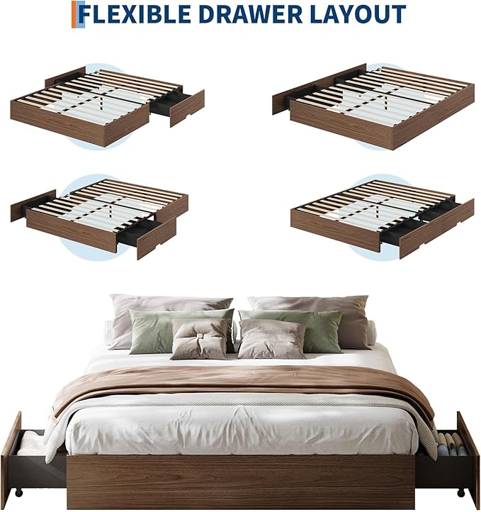 GarveeHome King Size Wood Platform Bed Frame with 2 Storage Drawers, Wooden Bed Frame Without Headboard, Wood Slat Support, No Box Spring Needed, Easy Assembly