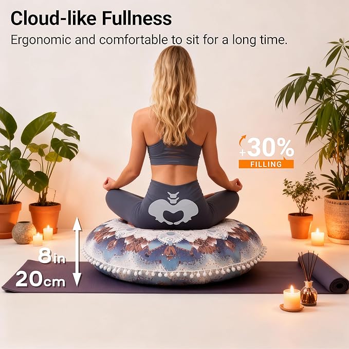 Meditation Cushion 32 Inch Round, Extra Thick Memory Foam Floor Pillow with Removable Washable Cover, Bohemian Mandala Yoga Cushion for Adults - Ideal Gift & Holiday Decor, Azure