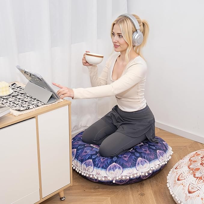 Meditation Cushion 32 Inch Round, Extra Thick Memory Foam Floor Pillow with Removable Washable Cover, Bohemian Mandala Yoga Cushion for Adults - Ideal Gift & Holiday Decor, Purple