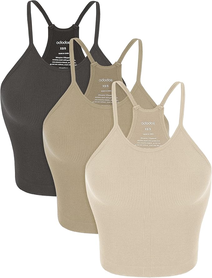 ODODOS Women's Crop 3-Pack Seamless Rib-Knit Camisole Crop Tank Tops