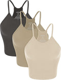 ODODOS Women's Crop 3-Pack Seamless Rib-Knit Camisole Crop Tank Tops