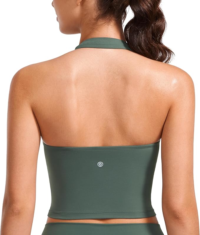 CRZ YOGA Butterluxe Halter Crop Tank Tops for Women - Open Back Padded Longline Sports Bras Workout Gym